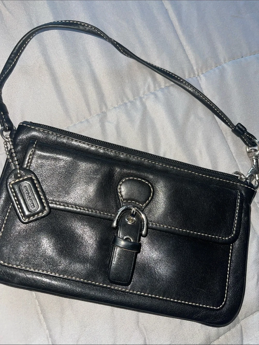 Coach Black Leather Wristlet with Signature Canvas Trim
